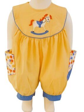 Vtg Yellow Rocking Horse Romper 0-6m Embroidered Short Sleeveless Balloon Pocket